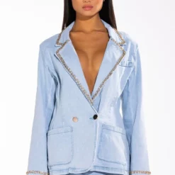 ME MYSELF AND I CHAIN DETAIL DENIM BLAZER 11 ME MYSELF AND I CHAIN DETAIL DENIM BLAZER -AZALEA WANG Shop me myself and i chain detail denim blazer light blue 3 3