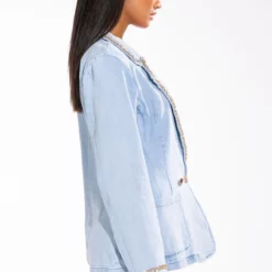 ME MYSELF AND I CHAIN DETAIL DENIM BLAZER 12 ME MYSELF AND I CHAIN DETAIL DENIM BLAZER -AZALEA WANG Shop me myself and i chain detail denim blazer light blue 4 4