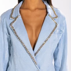 ME MYSELF AND I CHAIN DETAIL DENIM BLAZER 14 ME MYSELF AND I CHAIN DETAIL DENIM BLAZER -AZALEA WANG Shop me myself and i chain detail denim blazer light blue 6 6