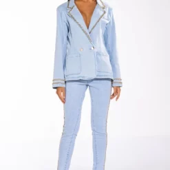 ME MYSELF AND I CHAIN DETAIL DENIM BLAZER 15 ME MYSELF AND I CHAIN DETAIL DENIM BLAZER -AZALEA WANG Shop me myself and i chain detail denim blazer light blue 7 7