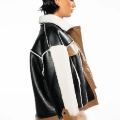 MIXED MEDIA BOXY SHERPA COAT -AZALEA WANG Shop mixed media boxy jacket coat brown multi 4 4