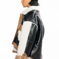 MIXED MEDIA BOXY SHERPA COAT -AZALEA WANG Shop mixed media boxy jacket coat brown multi 5 5