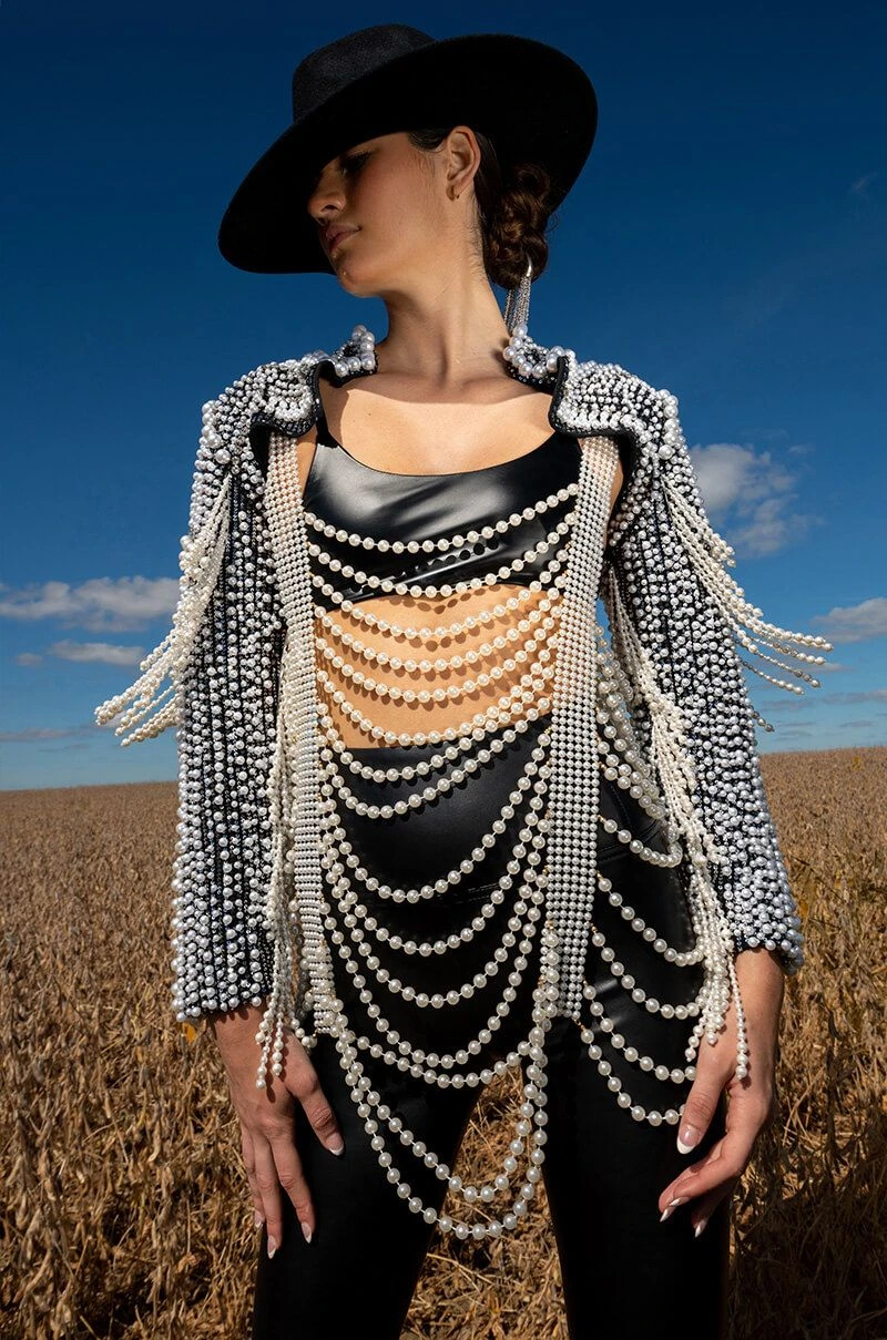 MORE LUXURY PLEASE PEARL RHINESTONE BEADED FRINGE BOLERO JACKET 3 MORE LUXURY PLEASE PEARL RHINESTONE BEADED FRINGE BOLERO JACKET