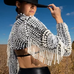 AZALEA WANG Shop -AZALEA WANG Shop more luxury please pearl fringe bolero jacket black multi 2 2