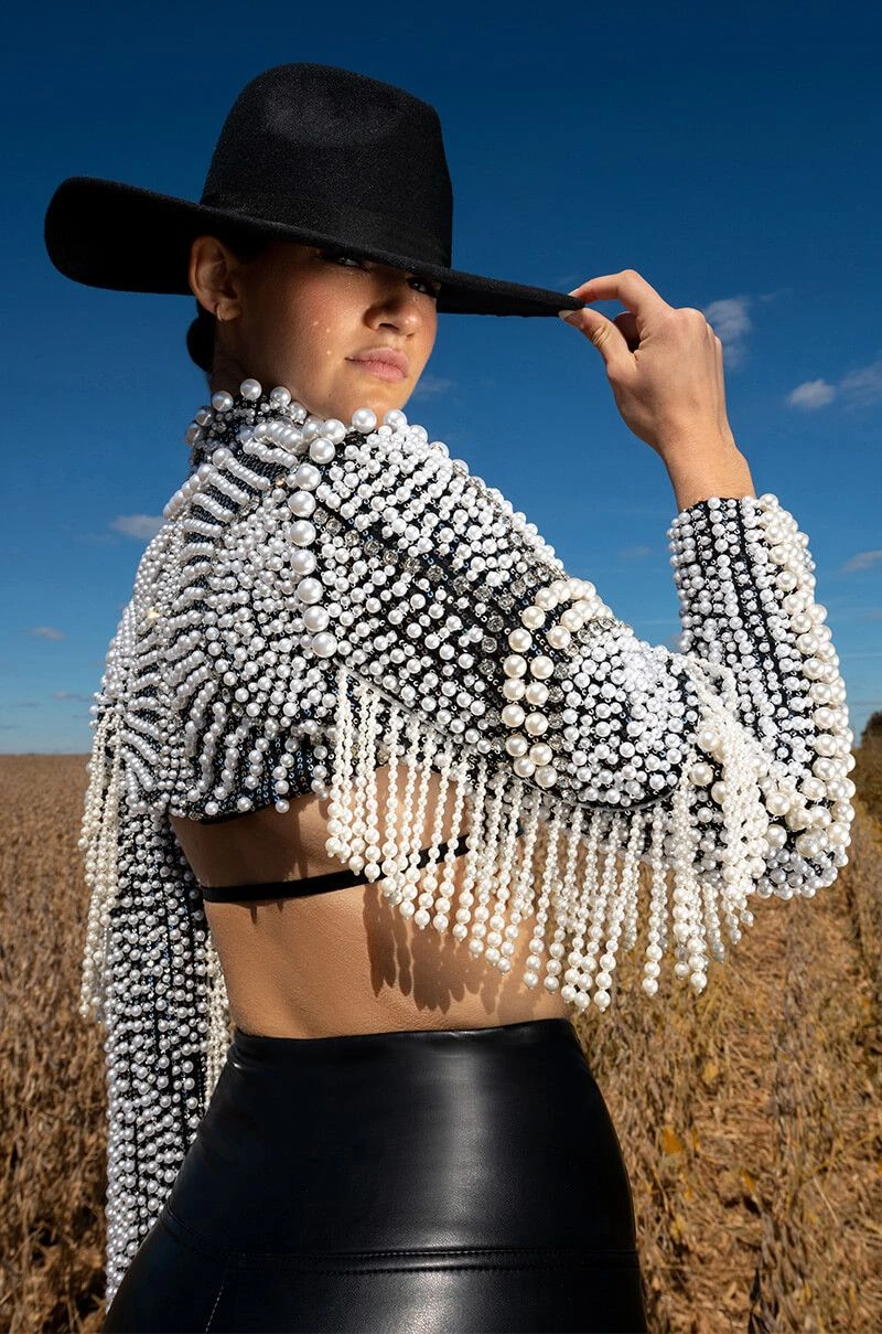MORE LUXURY PLEASE PEARL RHINESTONE BEADED FRINGE BOLERO JACKET 4 MORE LUXURY PLEASE PEARL RHINESTONE BEADED FRINGE BOLERO JACKET - Image 2