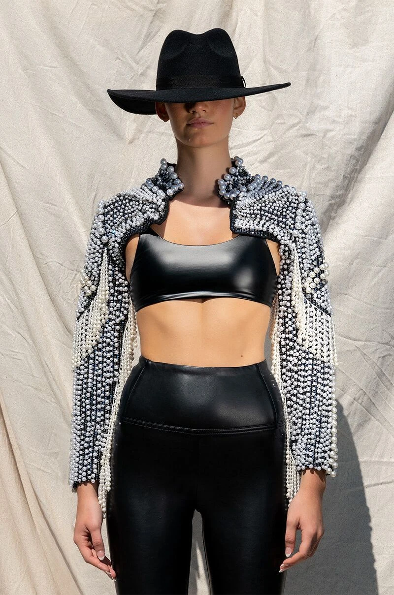 MORE LUXURY PLEASE PEARL RHINESTONE BEADED FRINGE BOLERO JACKET 8 MORE LUXURY PLEASE PEARL RHINESTONE BEADED FRINGE BOLERO JACKET - Image 6