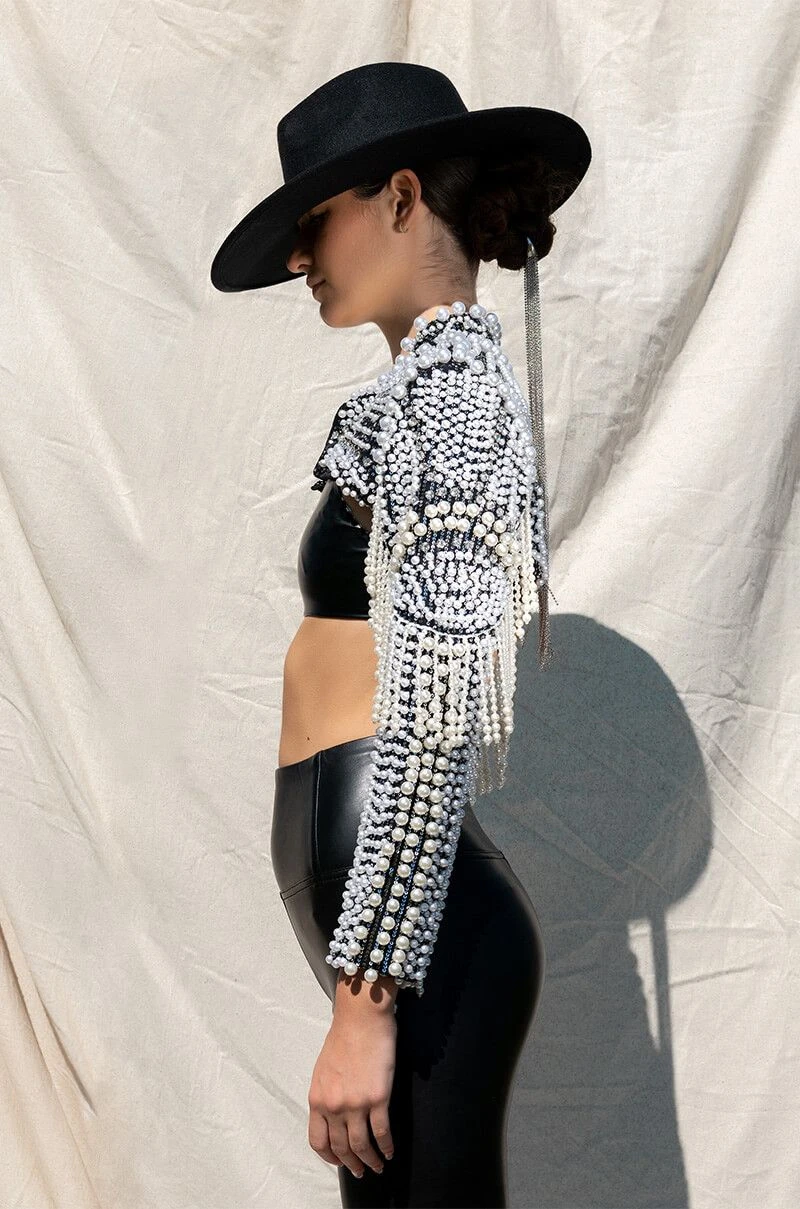 MORE LUXURY PLEASE PEARL RHINESTONE BEADED FRINGE BOLERO JACKET 9 MORE LUXURY PLEASE PEARL RHINESTONE BEADED FRINGE BOLERO JACKET - Image 7