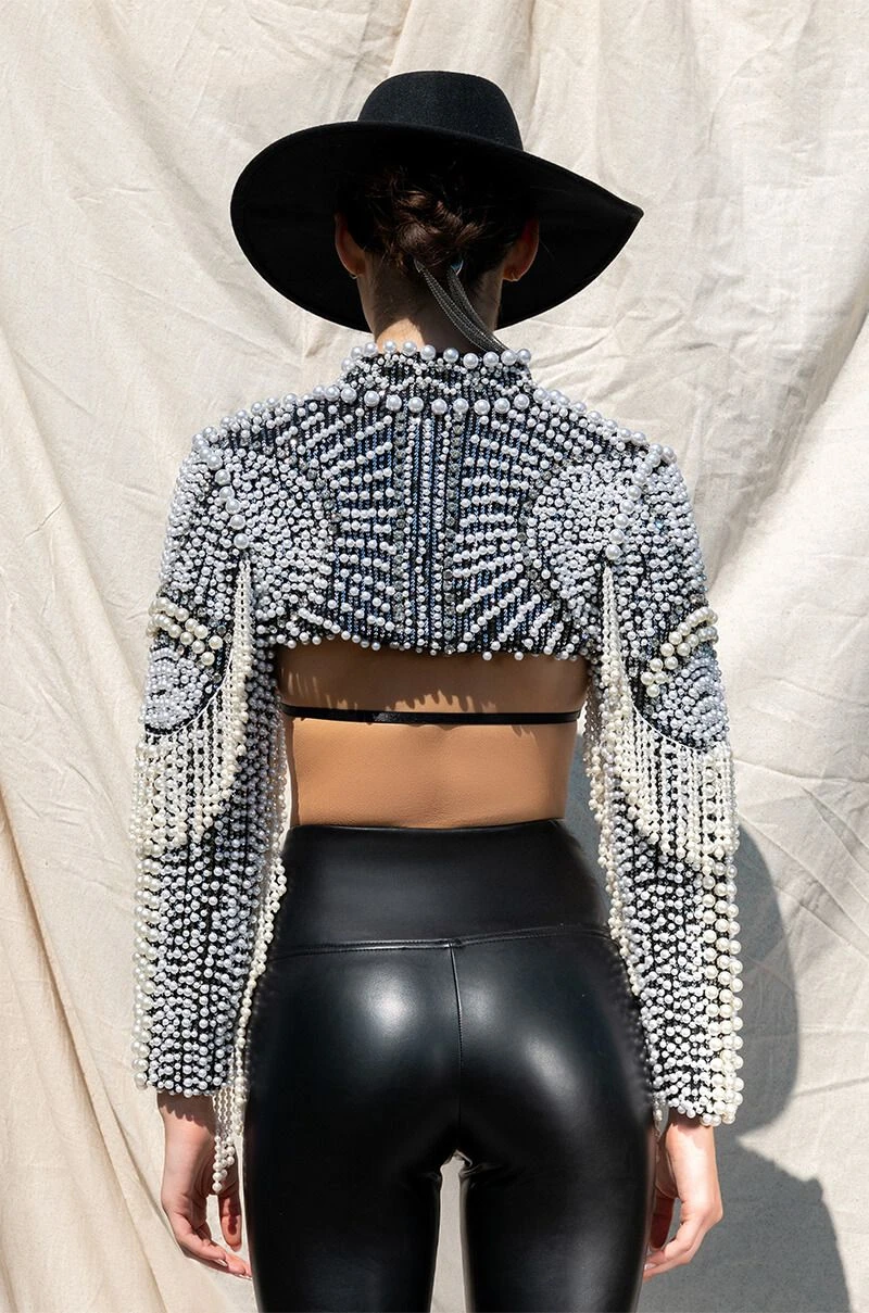 MORE LUXURY PLEASE PEARL RHINESTONE BEADED FRINGE BOLERO JACKET 10 MORE LUXURY PLEASE PEARL RHINESTONE BEADED FRINGE BOLERO JACKET - Image 8