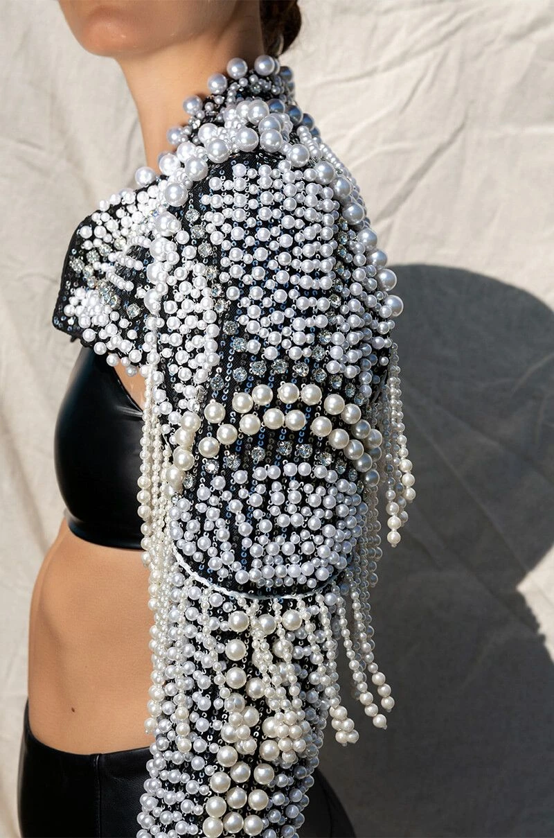 MORE LUXURY PLEASE PEARL RHINESTONE BEADED FRINGE BOLERO JACKET 11 MORE LUXURY PLEASE PEARL RHINESTONE BEADED FRINGE BOLERO JACKET - Image 9