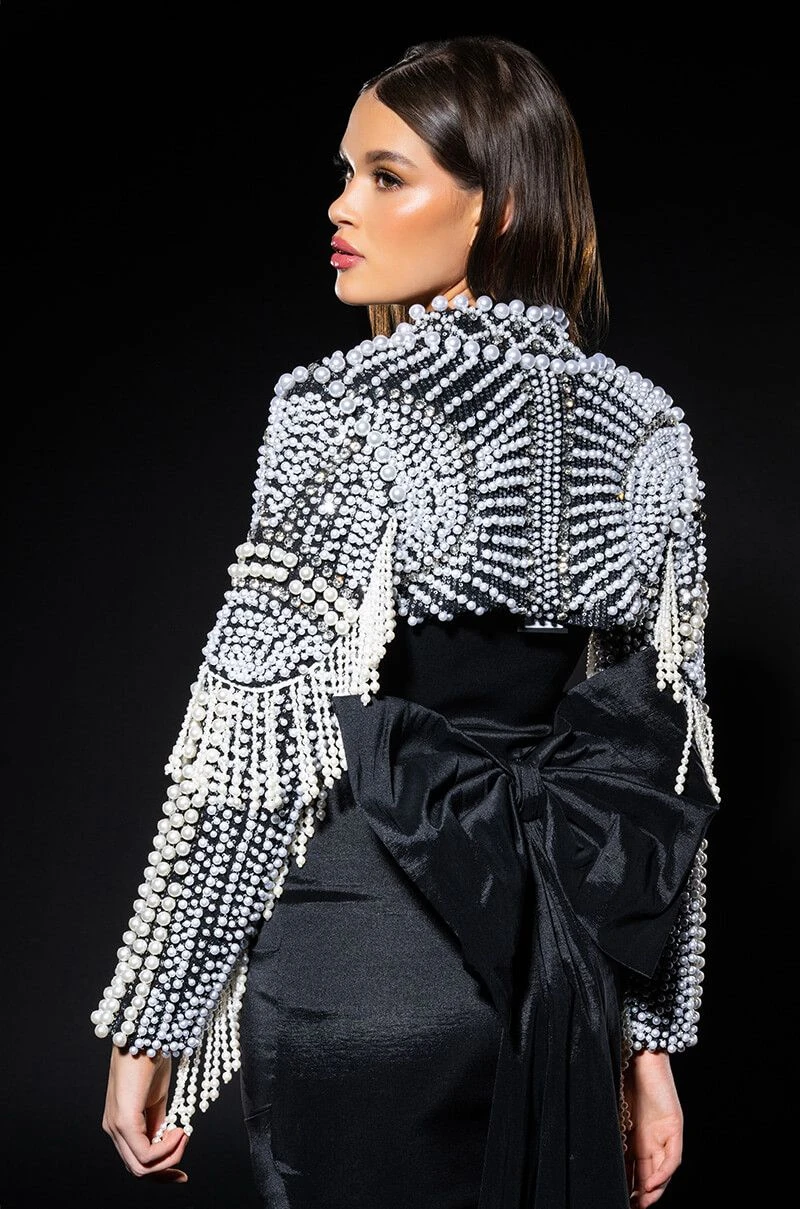 MORE LUXURY PLEASE PEARL RHINESTONE BEADED FRINGE BOLERO JACKET 15 MORE LUXURY PLEASE PEARL RHINESTONE BEADED FRINGE BOLERO JACKET - Image 13