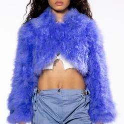 SWEET TALK OSTRICH FEATHER JACKET IN PURPLE 16 SWEET TALK OSTRICH FEATHER JACKET IN PURPLE -AZALEA WANG Shop new quinn cropped feather jacket purple 4 4
