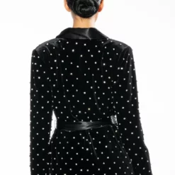 NYE VELVET BLAZER WITH SATIN LAPEL AND GEMS -AZALEA WANG Shop nye velvet blazer with satin lapel and gems black 5 5