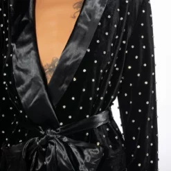 NYE VELVET BLAZER WITH SATIN LAPEL AND GEMS -AZALEA WANG Shop nye velvet blazer with satin lapel and gems black 6 6