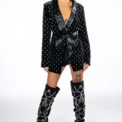 NYE VELVET BLAZER WITH SATIN LAPEL AND GEMS -AZALEA WANG Shop nye velvet blazer with satin lapel and gems black 7 7