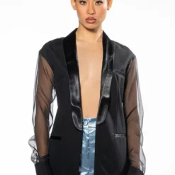 OLIVIER SHEER MIX MEDIA BLAZER -AZALEA WANG Shop olivier sheer mix media blazer black 3 3
