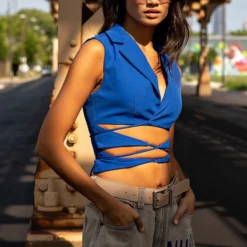 OPEN CONCEPT TIE FRONT VEST -AZALEA WANG Shop open concept tie front vest blue 1 1 c1 c1