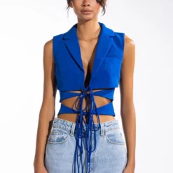 OPEN CONCEPT TIE FRONT VEST -AZALEA WANG Shop open concept tie front vest blue 8 8 c1
