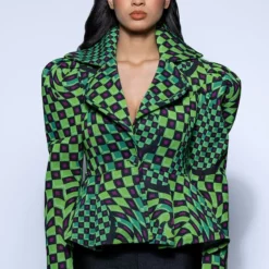 OPTICAL ILLUSION CHECKERED PEPLUM BLAZER -AZALEA WANG Shop optical illusion checkered peplum blazer green 3 3