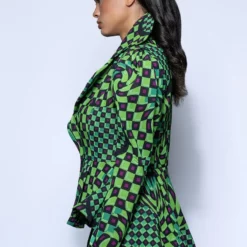 OPTICAL ILLUSION CHECKERED PEPLUM BLAZER -AZALEA WANG Shop optical illusion checkered peplum blazer green 4 4