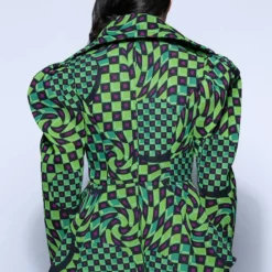 OPTICAL ILLUSION CHECKERED PEPLUM BLAZER -AZALEA WANG Shop optical illusion checkered peplum blazer green 5 5