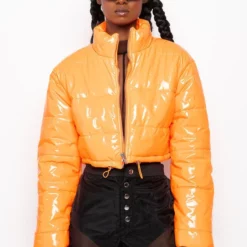 PATENT CROP PUFFER JACKET -AZALEA WANG Shop patent crop puffer jacket orange 3 3 c1