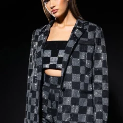 POP STAR CHECKERED RHINESTONE BLAZER 14 POP STAR CHECKERED RHINESTONE BLAZER -AZALEA WANG Shop pop star checkered rhinestone blazer black white 1 1 c1