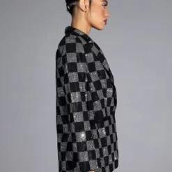 POP STAR CHECKERED RHINESTONE BLAZER 11 POP STAR CHECKERED RHINESTONE BLAZER -AZALEA WANG Shop pop star checkered rhinestone blazer black white 5 5