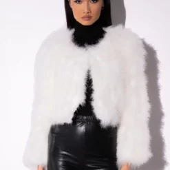 QUINN CROPPED FEATHER JACKET -AZALEA WANG Shop quinn cropped feather jacket white 5 5