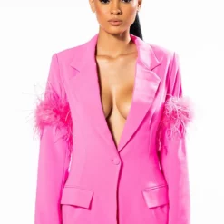 RAISE YOUR GLASS FEATHER TRIM BLAZER -AZALEA WANG Shop raise your glass feather trim blazer pink 5 5