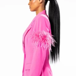 RAISE YOUR GLASS FEATHER TRIM BLAZER -AZALEA WANG Shop raise your glass feather trim blazer pink 6 6