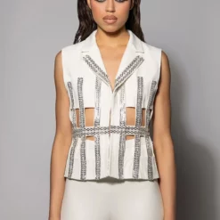 RHINESTONE EMBELLISHED CAGED BLAZER VEST OF DREAMS -AZALEA WANG Shop rhinestone embellished caged blazer vest of dreams white 3 3