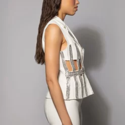 RHINESTONE EMBELLISHED CAGED BLAZER VEST OF DREAMS -AZALEA WANG Shop rhinestone embellished caged blazer vest of dreams white 4 4