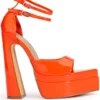 SAY MY NAME POINTED PEEP TOE CHUNKY SANDAL IN RED ORANGE -AZALEA WANG Shop say my name pointed peep toe chunky sandal in red orange orange multi 2 2