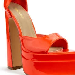 SAY MY NAME POINTED PEEP TOE CHUNKY SANDAL IN RED ORANGE -AZALEA WANG Shop say my name pointed peep toe chunky sandal in red orange orange multi 5 5