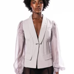 SENTIMENTAL MOOD CHIFFON SLEEVE FITTED BLAZER -AZALEA WANG Shop sentimental mood chiffon sleeve fitted blazer grey 3 3