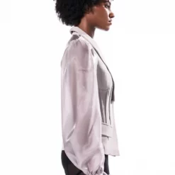 SENTIMENTAL MOOD CHIFFON SLEEVE FITTED BLAZER -AZALEA WANG Shop sentimental mood chiffon sleeve fitted blazer grey 4 4