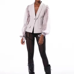 SENTIMENTAL MOOD CHIFFON SLEEVE FITTED BLAZER -AZALEA WANG Shop sentimental mood chiffon sleeve fitted blazer grey 7 7