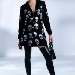 SERVING LOOKS IN THIS FASHION BLAZER DRESS WITH RHINESTONE SKULLS -AZALEA WANG Shop serving looks in this fashion blazer dress with rhinestone skulls black 3 3