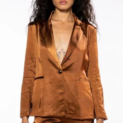 STAY RADIANT SATIN BLAZER -AZALEA WANG Shop stay radiant satin blazer brown 3 3