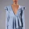SUEDE PEPLUM RUFFLE SHOULDER TOP -AZALEA WANG Shop suede ruffle blazer light blue 1 1
