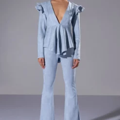 SUEDE PEPLUM RUFFLE SHOULDER TOP -AZALEA WANG Shop suede ruffle blazer light blue 3 3