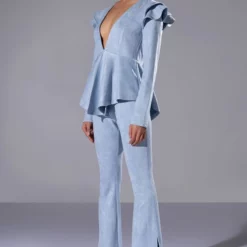 SUEDE PEPLUM RUFFLE SHOULDER TOP -AZALEA WANG Shop suede ruffle blazer light blue 4 4