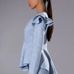 SUEDE PEPLUM RUFFLE SHOULDER TOP -AZALEA WANG Shop suede ruffle blazer light blue 5 5