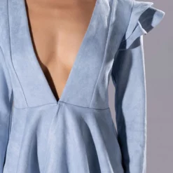 SUEDE PEPLUM RUFFLE SHOULDER TOP -AZALEA WANG Shop suede ruffle blazer light blue 7 7