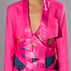 SUIT CUTE RIBBON LACE UP CUT OUT BLAZER -AZALEA WANG Shop suit cute ribbon lace up cut out blazer pink 7 7