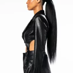 SUSPENDER CUT OUT PLEATHER BLAZER -AZALEA WANG Shop suspender cut out pleather blazer black 4 4