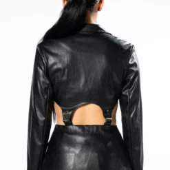 SUSPENDER CUT OUT PLEATHER BLAZER -AZALEA WANG Shop suspender cut out pleather blazer black 5 5