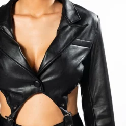 SUSPENDER CUT OUT PLEATHER BLAZER -AZALEA WANG Shop suspender cut out pleather blazer black 6 6