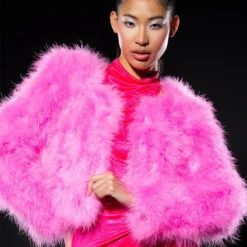 SWEET TALK FEATHER JACKET IN PINK 22 SWEET TALK FEATHER JACKET IN PINK -AZALEA WANG Shop sweet talk ostrich feather jacket in pink neon pink 1 1
