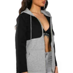 TAMARA CROP BLAZER HOODIE MIX -AZALEA WANG Shop tamara crop blazer hoodie mix black grey 3 3